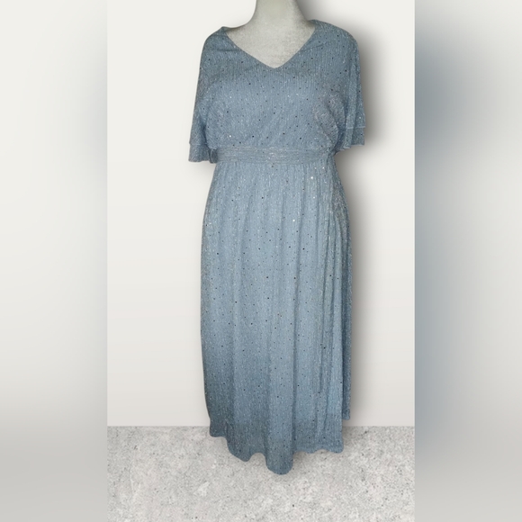 Chiffon, Sparkly Dress, W/ Ruffle Sleeves, Belt, & Pockets, Blue, Size 14-16 1X - Picture 7 of 8